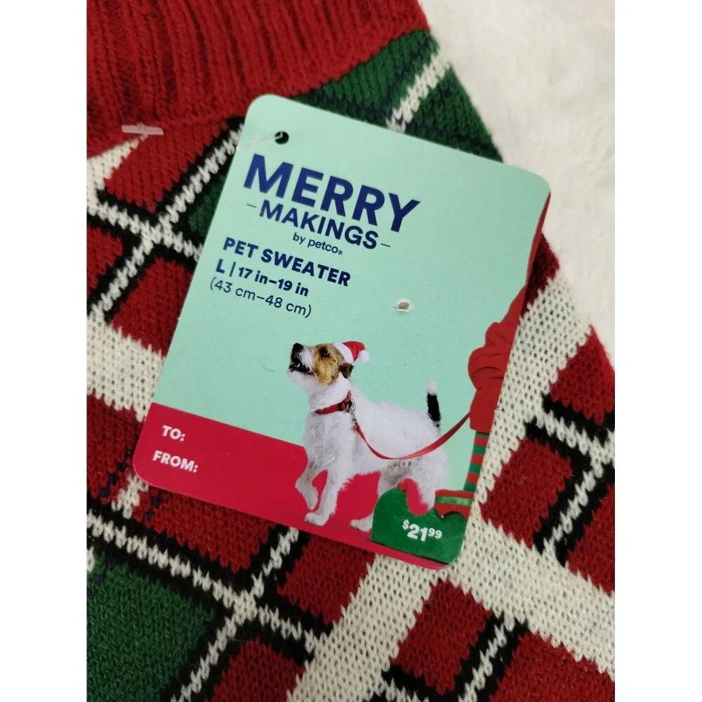 Merry Makings Snowman Plaid Pet Sweater Dog Large 17 to 19 inches Red Green
